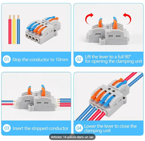 Connecteurs Rapides 14pcs 2x4 & 2x6 à Levier – Cuivre – Montage Panneau – 250V